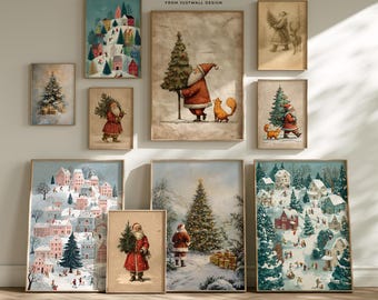 Conjunto de arte de parede para galeria de Natal (10 impressões), decoração vintage de Natal, arte de parede para festas, conjunto de pôsteres de Natal, presentes de Natal, decoração para festas