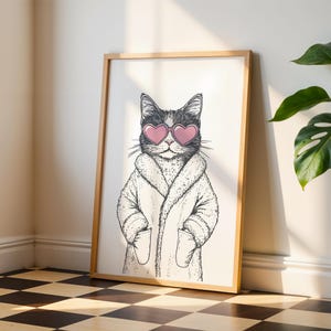 Lustige Katze Badezimmer Druck: Herz Sonnenbrille, Bademantel (Digitaler Download)