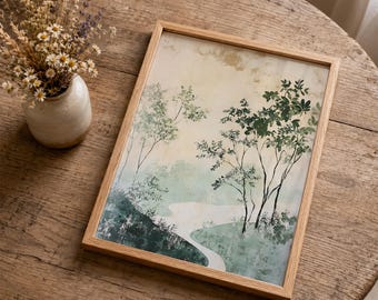 Sage Green Botanical Landscape with Winding Path Japanese Wall Art, Wabi Sabi Japandi Chinoiserie Printable for Calm Neutral Interiors
