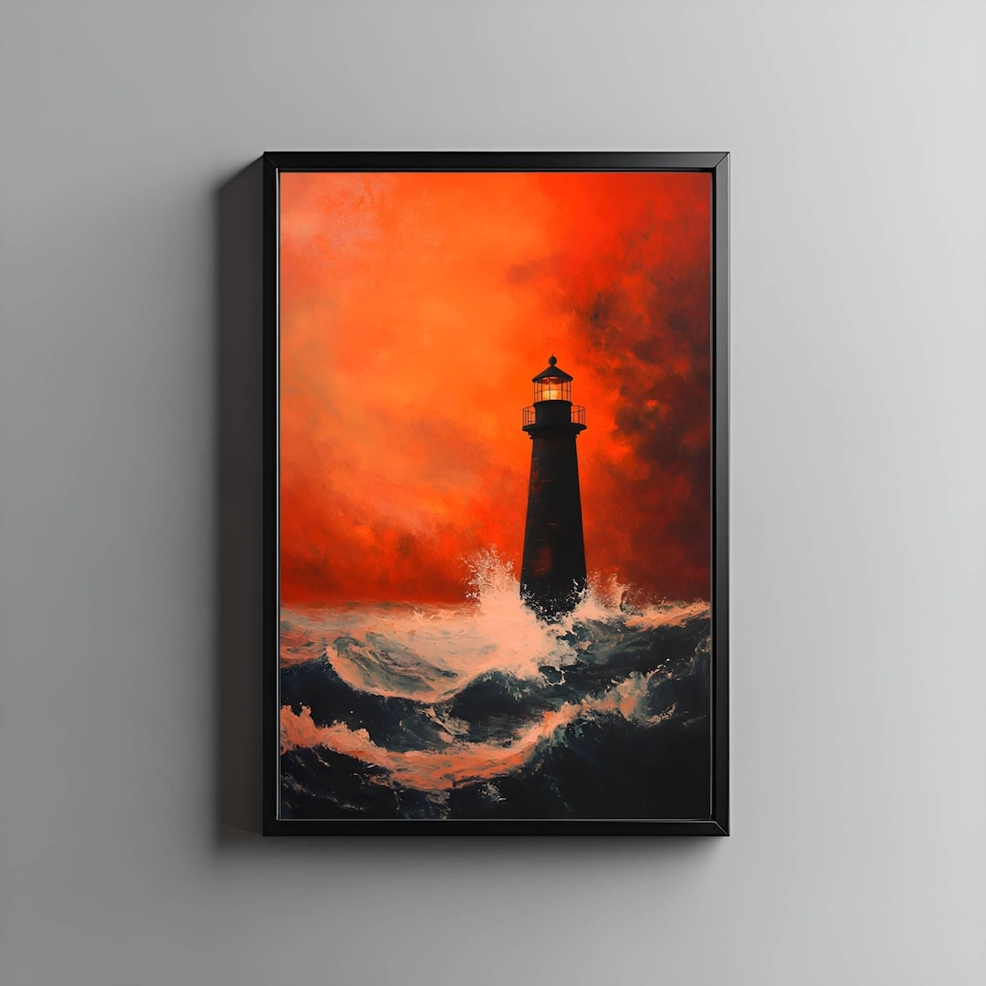 Lighthouse Wall Art Print – Dramatic Ocean Waves and Fiery Sunset ...