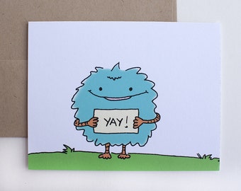 Fluffly Blue Monster "Yay" Message Blank Greeting Card