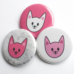 Pink and White Cat Head Pins – 1.25 inch Pinback Buttons