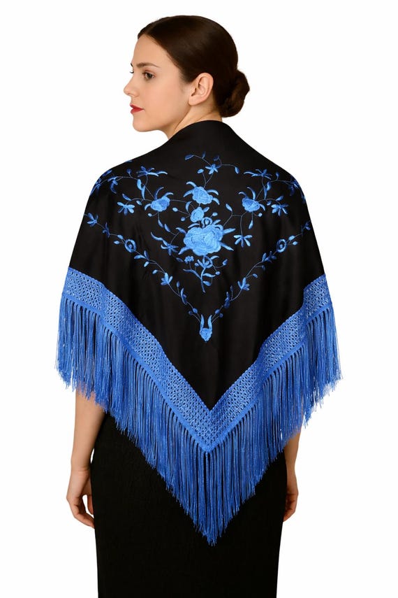 Multicolor Spanish Shawl in Black and Turquoise with Turquoise Fringes / Shawl