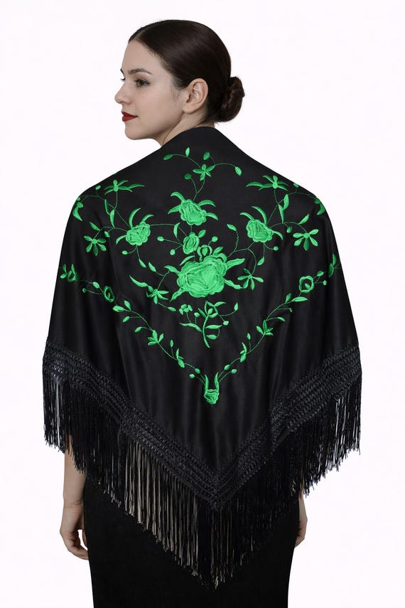 Multicolor Spanish Shawl in Black and Green with Black Fringes / Shawl (NEW)
