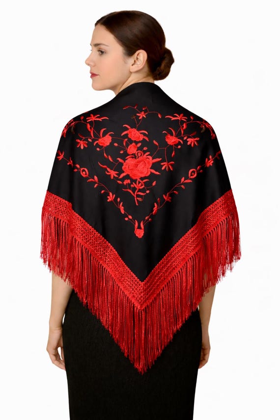 Multicolor Spanish Shawl in Black and Red with Red Fringes / Shawl (NEW)
