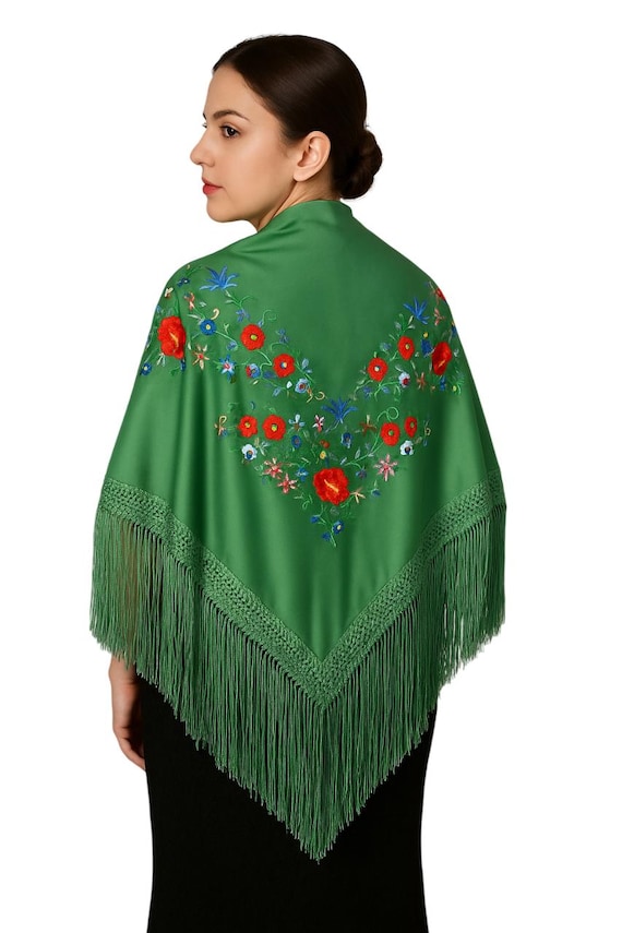 Multicolor Spanish Shawl, Military Green / Shawl