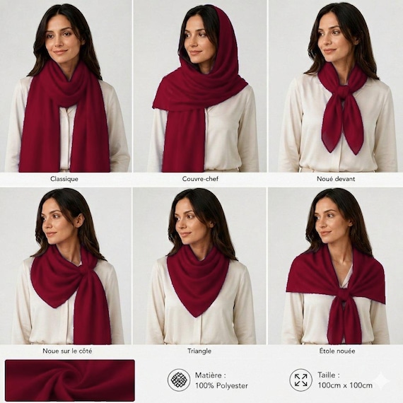 Garnet Plain Scarf 100% Polyester 100cm x 100cm Large Square Size Versatile for 6 Different Wears