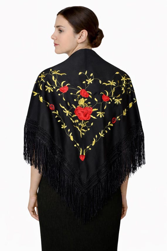 Multicolor Spanish Shawl in Black, Red and Gold with Black Fringes / Flamenco Shawl (NEW)