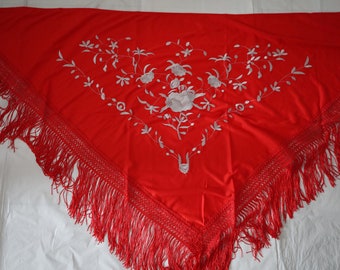Châle Espagnol Frangé Rouge Et Gris - Style Boho Vintage