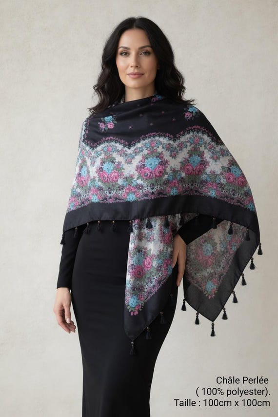 Black Beaded Shawl / Square Shawl