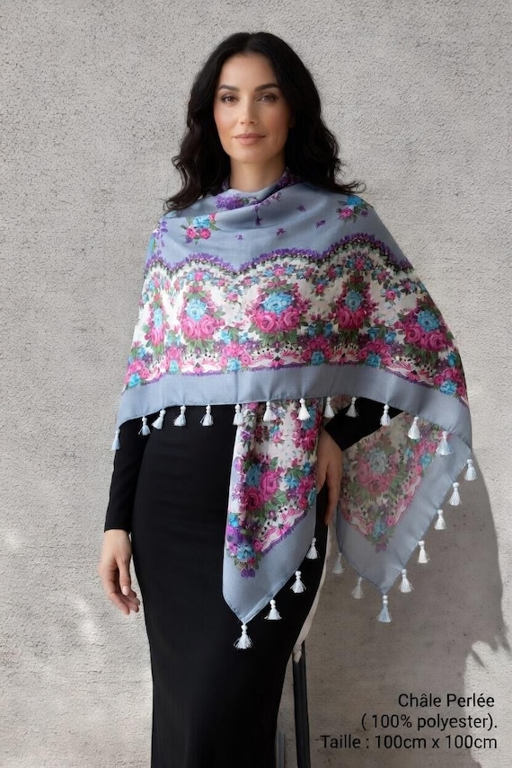 Grey Beaded Shawl / Square Shawl