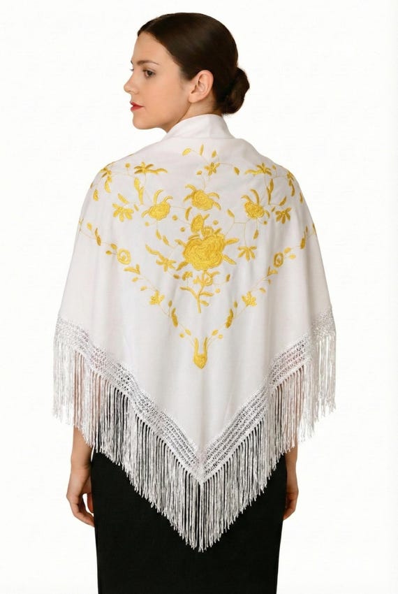 Multicolor Spanish Shawl in White and Gold with White Fringes / Shawl