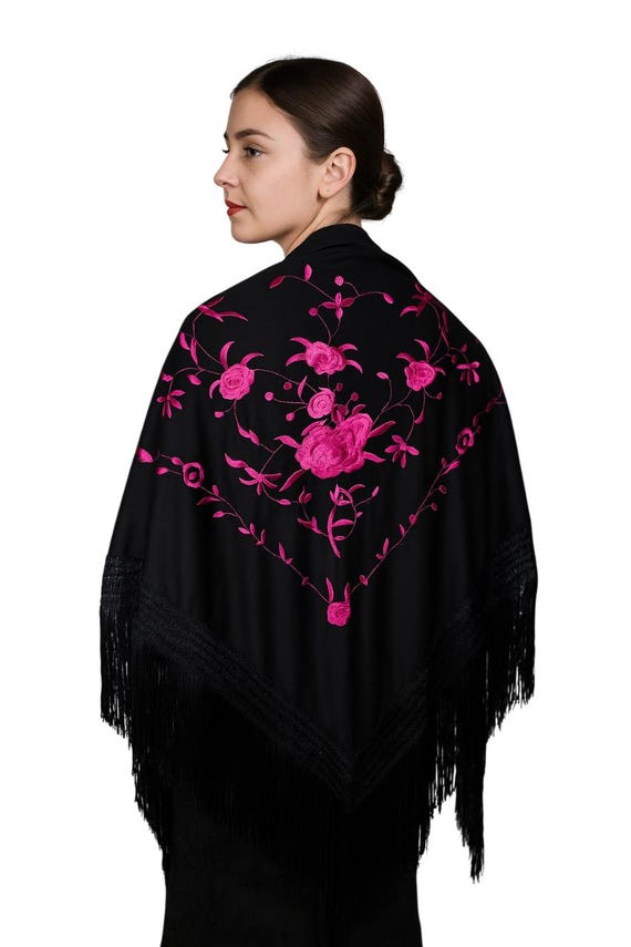 Multicolor Spanish Shawl in Black and Pink with Fringe