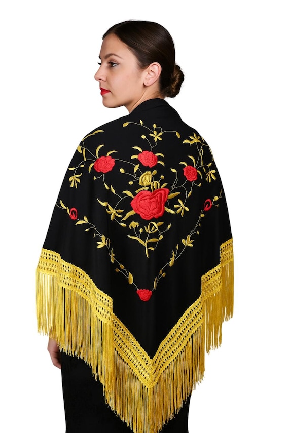 Multicolor Spanish Shawl in Black, Red, and Gold with Gold Fringes / Shawl