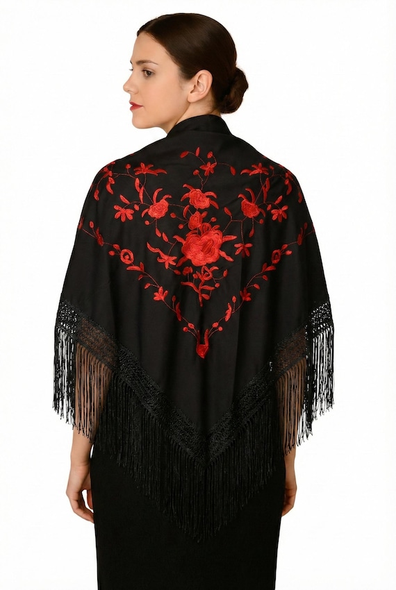 Multicolor Spanish Shawl in Black and Red with Black Fringe / Shawl