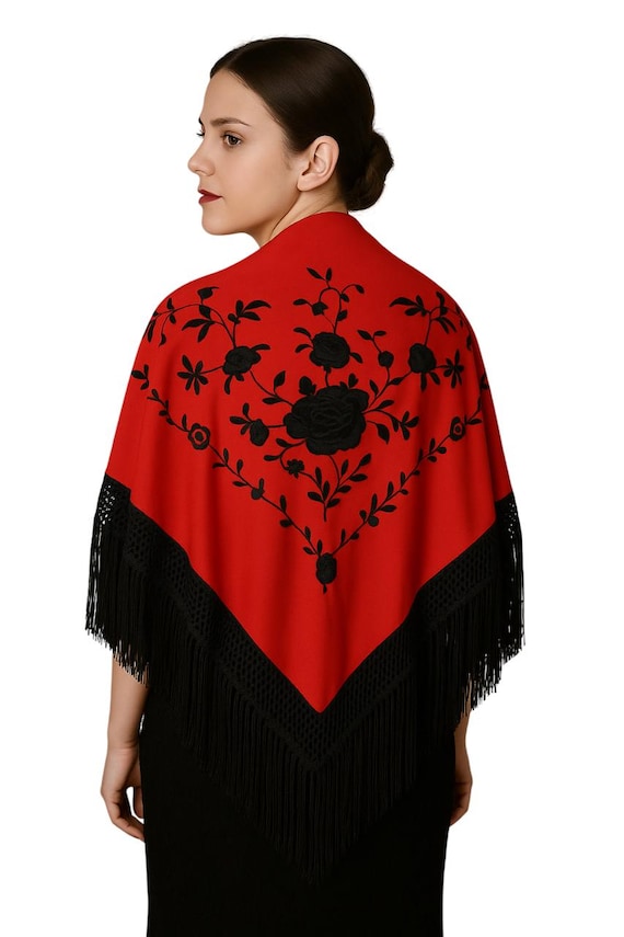 Multicolor Spanish Shawl in Red and Black with Black Fringes / Shawl