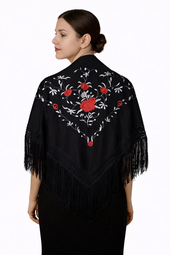 Multicolor Spanish Shawl Grey/Red With Black Fringes / Shawl