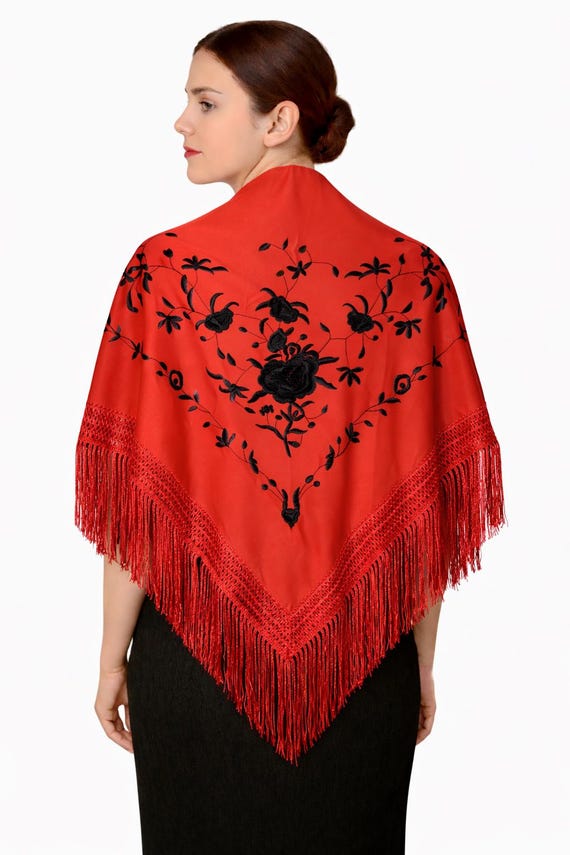 Multicolor Spanish Shawl in Red and Black with Red Fringes / Shawl (NEW)