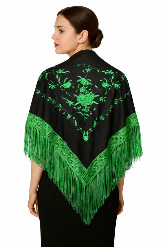 Multicolor Spanish Shawl in Black and Green with Green Fringes / Shawl (NEW)