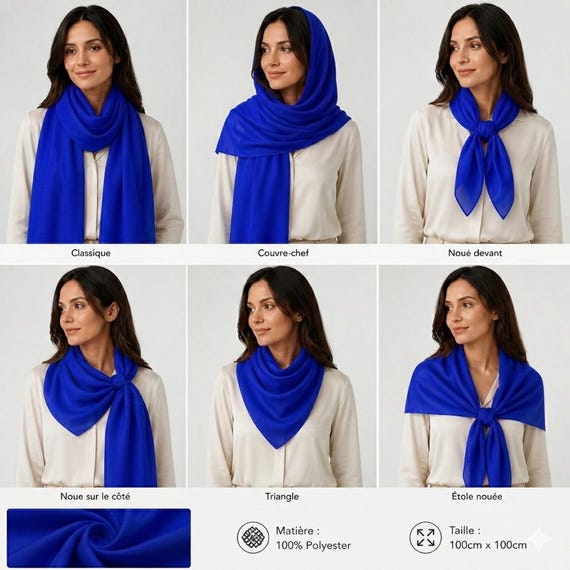 Royal Plain Scarf 100% Polyester 100cm x 100cm Large Square Size Versatile for 6 Different Wears