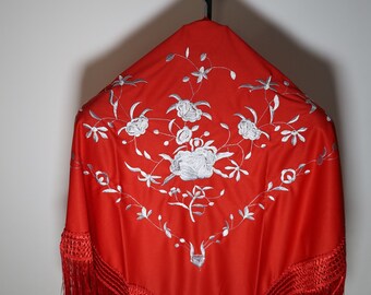 Châle Espagnol Multicouleur Rouge Et Gris Avec Franges - Neuf Avec étiquettes