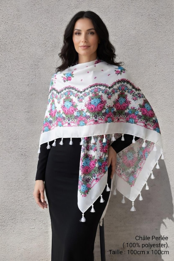 White Beaded Shawl / Square Shawl
