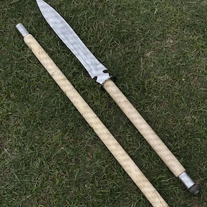 Viking Long Spear by MH HandmadeCrafts | Throwing Spear | Damascus Blade Spear | Viking Throwing Spear with Free Leather Cover
