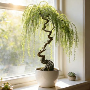 Pode incluir: Um bonsai de salgueiro num vaso de cerâmica branco está numa janela. A árvore tem um tronco castanho torcido e folhas verdes em cascata. A janela deixa entrar luz natural.