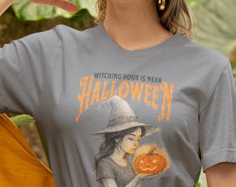 Vintage Halloween Witch Shirt: Cozy Autumn Tee with Pumpkin