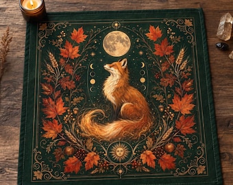 Mabon Fox Altar Cloth | Autumn Equinox & Sun Moon Tarot Cloth | Pagan Sabbat Decor