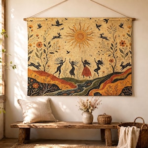 Folk Art Woven Tapestry, Dancing Witches Sun Art, Cottagecore Summer Solstice Decor