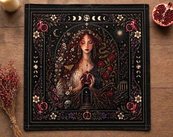 Tovaglia d'altare di Persefone / Decorazione rituale della dea greca con motivo a melagrana / Tessuto pagano in twill di cotone