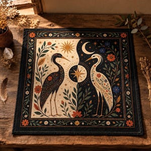 May include: Square decorative mat with a yin-yang design featuring two herons. The mat has a black border and is decorated with flowers, leaves, a sun, a moon, and a star. The herons are black and white with floral patterns.