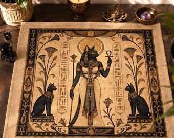 Bastet Altar Cloth | Egyptian Cat Goddess Cotton Twill Mat | Protection Ritual | Ankh Symbol Decor