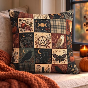 Witchy Halloween Pillow Cover | Patchwork Black Cat, Raven & Moth Design | Cottagecore Autumn Samhain Decor