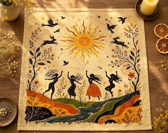 Litha Altar Cloth | Folk Art Summer Solstice | Dancing Witches Boho Pagan Sabbat Decor