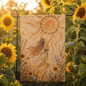 Bandera de jardín Litha / Decoración del solsticio de verano de la diosa del sol / Pancarta pagana de estilo cottagecore para el jardín