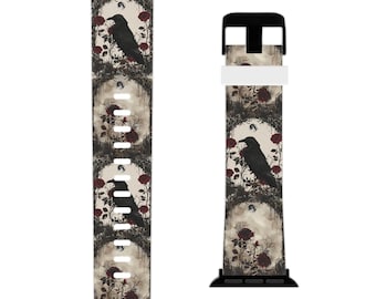 May include: Watch band featuring a repeating pattern of black crows, red roses, and a moon against a sepia-toned background. The band has a black clasp and connectors, and is designed for a smartwatch.