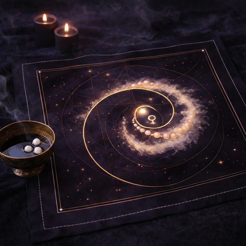 May include: A black and gold celestial-themed altar cloth with a spiral galaxy design, featuring a Venus symbol and pearl-like accents. Two black candles are lit in the background, and a gold bowl with white spheres is in the foreground.