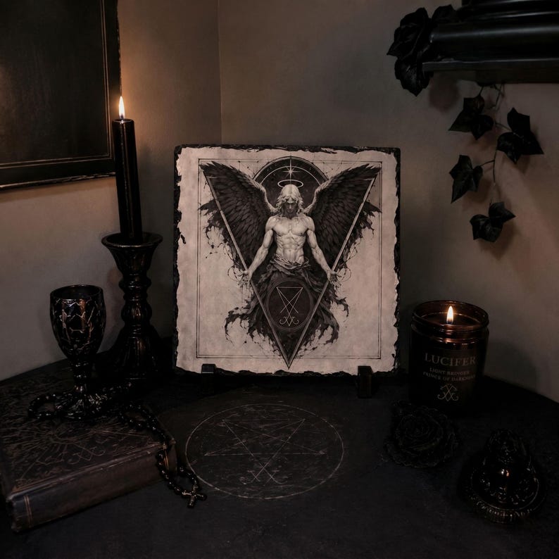 Puede incluir: Ilustraci&oacute;n en blanco y negro de un &aacute;ngel con grandes alas y un halo, dentro de un tri&aacute;ngulo. La obra de arte est&aacute; sobre papel texturizado, expuesta sobre un soporte. Tambi&eacute;n se ven una vela negra encendida, una copa y una vela en tarro.