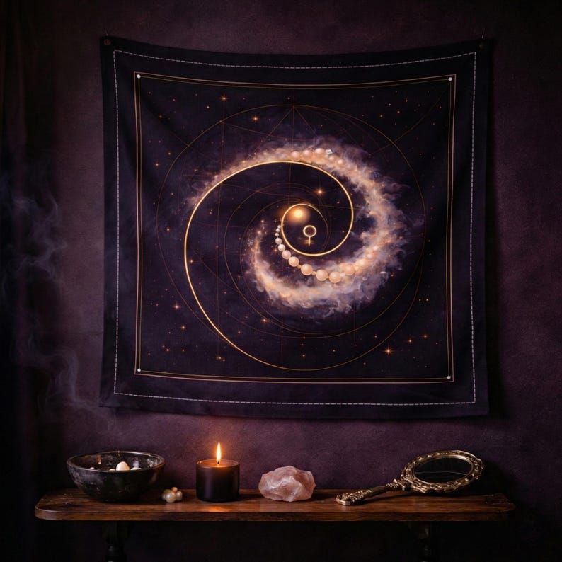 May include: Black tapestry with a celestial spiral design, featuring a female symbol at the center. The artwork includes gold lines, stars, and a galaxy-like cloud effect. A black candle, a bowl, a crystal, and a mirror are on a wooden shelf.