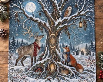 Altartuch für die Wintersonnenwende | Tarottuch mit Waldtieren zur Wintersonnenwende | Nordische Weihnachtsdekoration