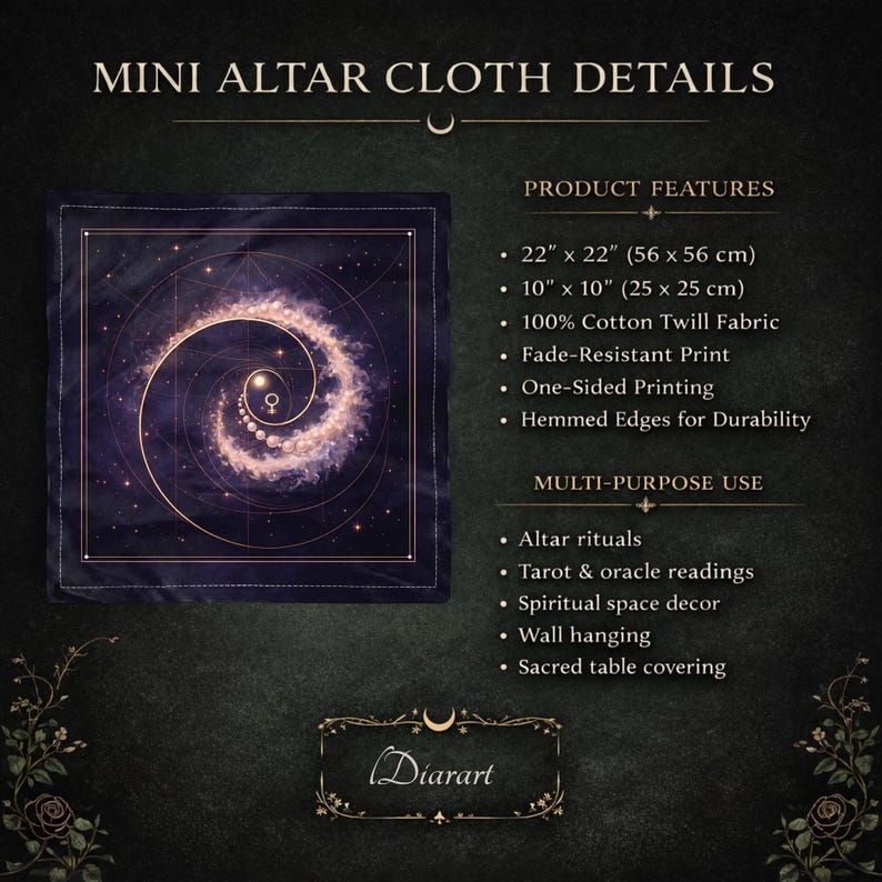 May include: A square, dark blue altar cloth with a spiral galaxy design in shades of purple and white. The cloth is 22 x 22 inches (56 x 56 cm) and made of cotton twill fabric. The text "MINI ALTAR CLOTH DETAILS" is at the top.