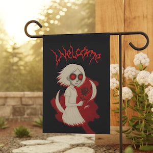 Spooky Gothic Garden Flag – Witchy Outdoor Décor, Horror Yard Welcome Sign, Creepy Girl & Occult Rose Fantasy Flag for Halloween