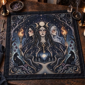 May include: A square black altar cloth featuring a central illustration of a triple-faced figure wearing a crescent moon crown and holding a key necklace. The design includes two flaming torches, two black wolves, snakes, and a forest path.
