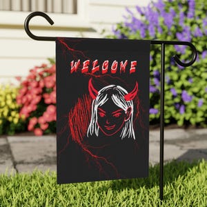 Spooky Welcome Sign, Gothic Devil Girl Garden Flag, Goth Bachelorette Flag, Witchy Yard Banner, Alt Welcome Decor, Halloween Decor