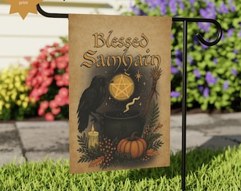 Drapeau du jardin Blessed Samhain, décoration païenne corbeau sorcier, cadeau de la dernière récolte de l'année