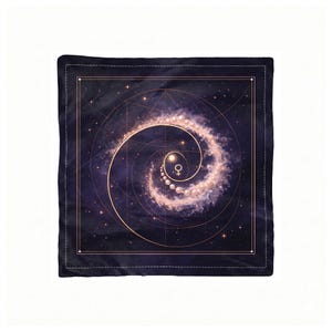 May include: Square black scarf with a celestial design. The scarf features a spiral galaxy with gold lines and a Venus symbol. The background is a dark blue with stars and a gold border.