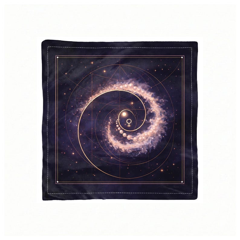 May include: Square black scarf with a celestial design. The scarf features a spiral galaxy with gold lines and a Venus symbol. The background is a dark blue with stars and a gold border.