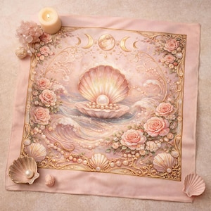 May include: A pink square tapestry with a seashell and pearl design. The artwork features a large open seashell with a pearl inside, surrounded by smaller shells, pearls, roses, and waves. A lit candle and crystals are in the upper left corner.